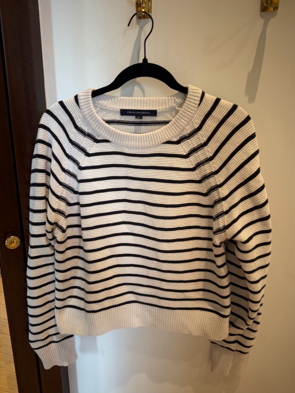 French Connection Cream and Black Striped Crewneck Sweater